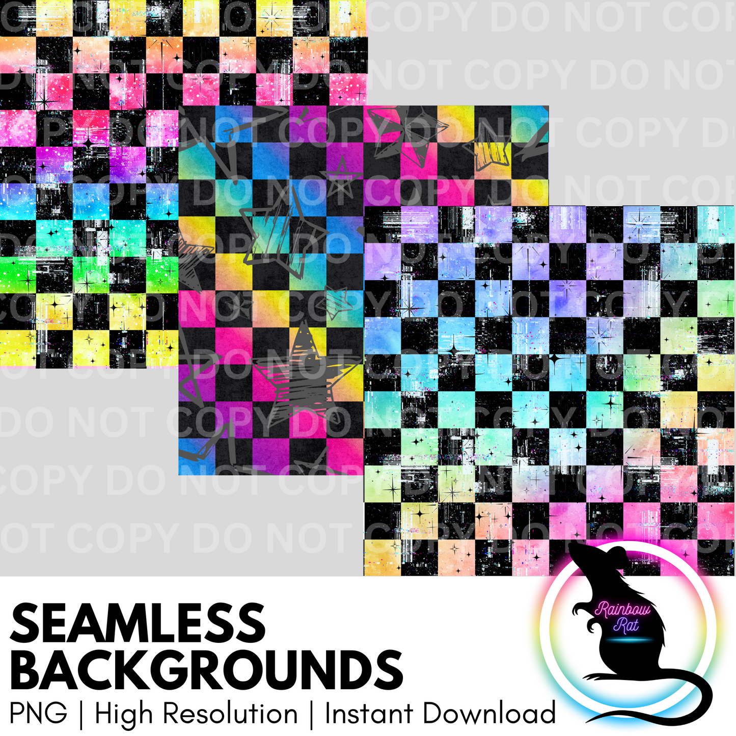 Distressed Rainbow Checkered- Seamless Background (3 pack)