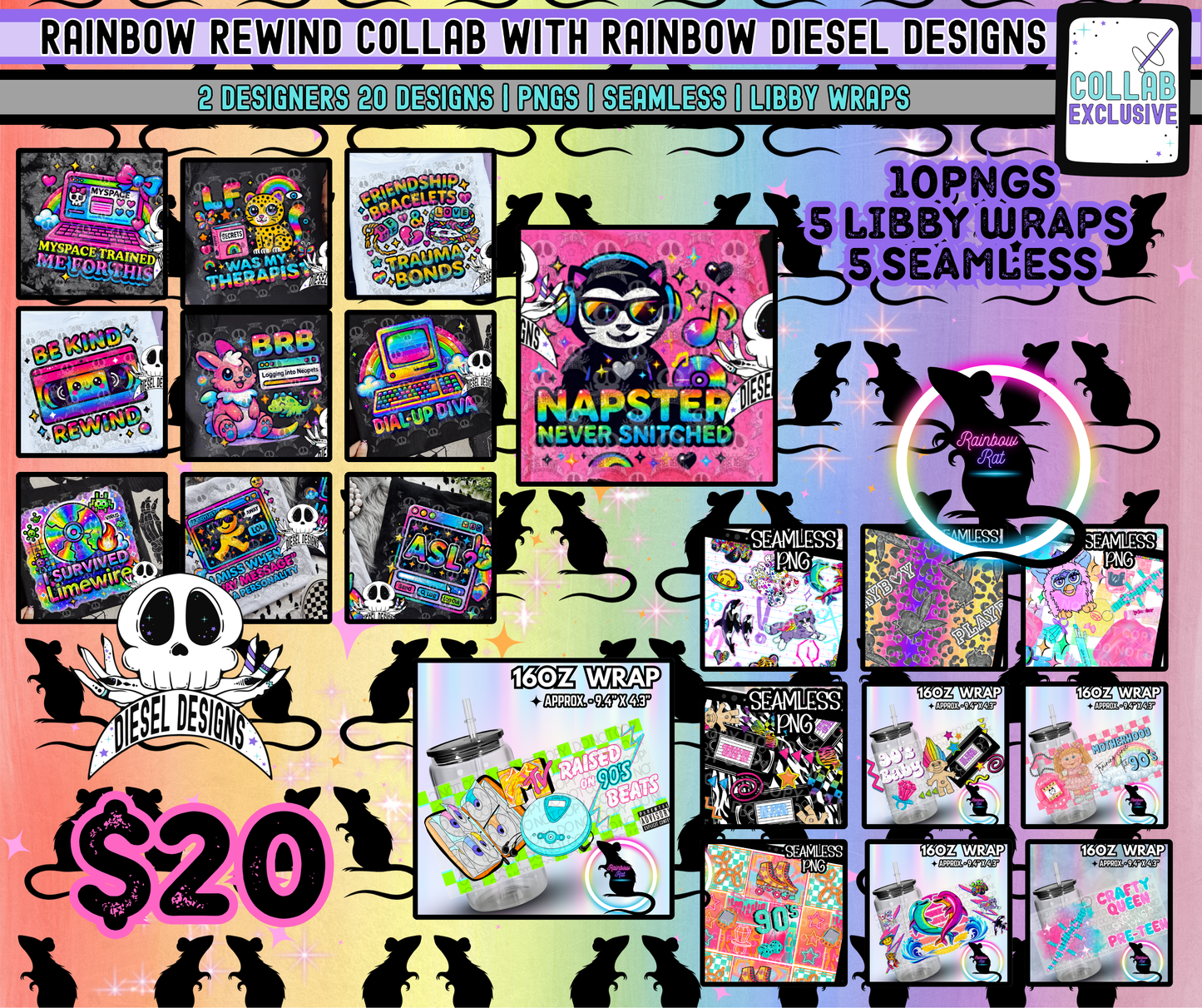 🌈✨RAINBOW REWIND 🛼 COLLAB- Rainbow Rat Designs X Diesel Designs