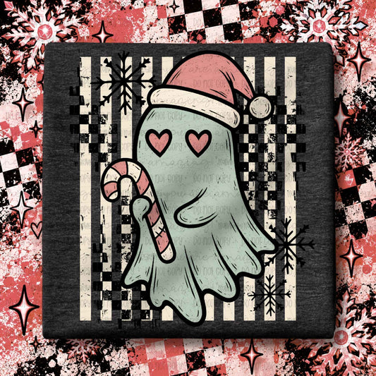 Cute ghost with Santa hat and candy cane, surrounded by red and black checkered patterns.